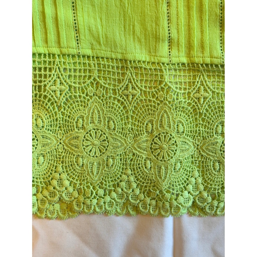 Chicos Lime Green Cotton Lace Trim Blouse Pintuck 3/4 Sleeve Top Size 2 L Large - Picture 6 of 7